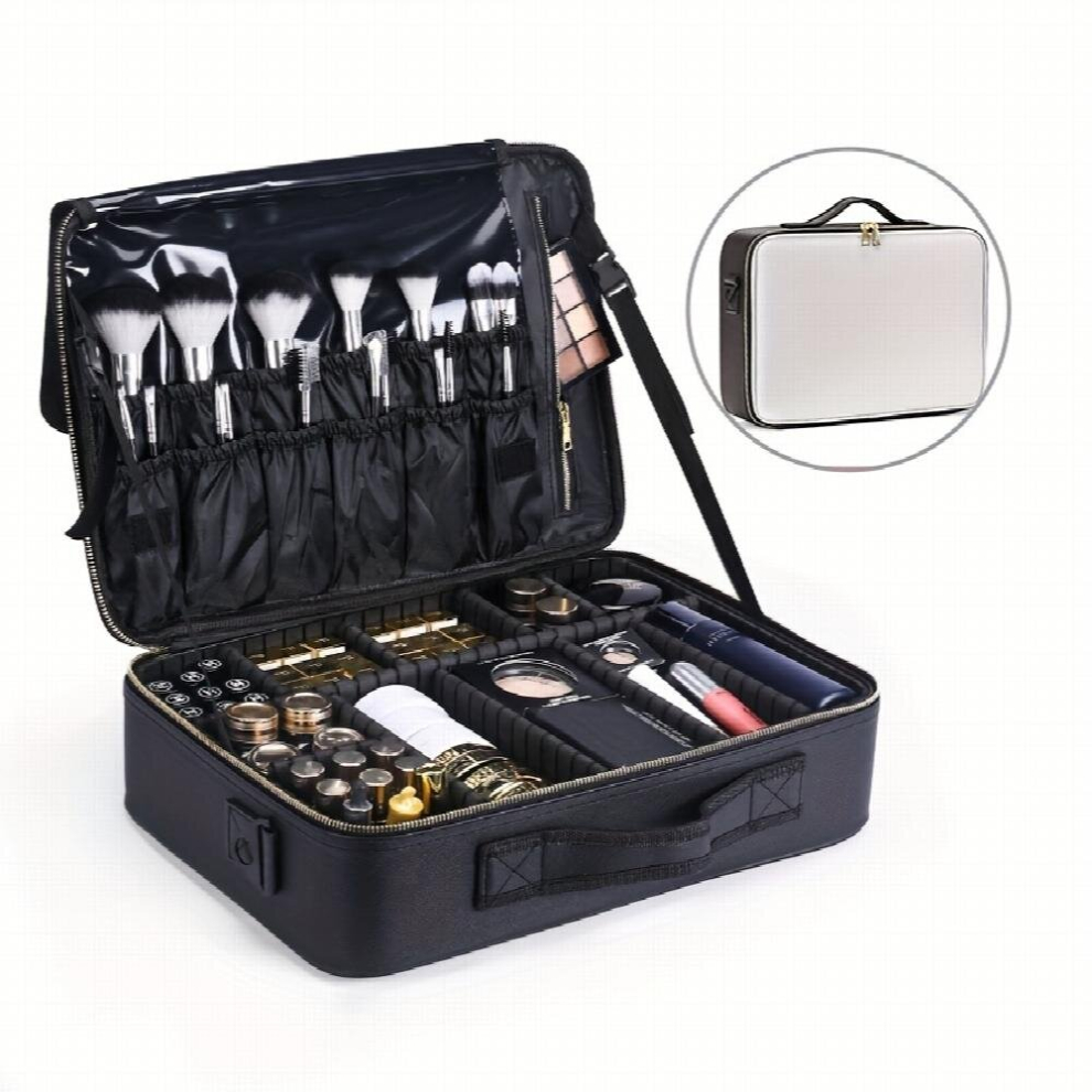 Multicoloured Pu Travel Makeup Case Large Capacity Makeup Train Case Portable Artist Cosmetic Brush Organizer Storage Bag With Adjustable Dividers For Toiletry Jewe