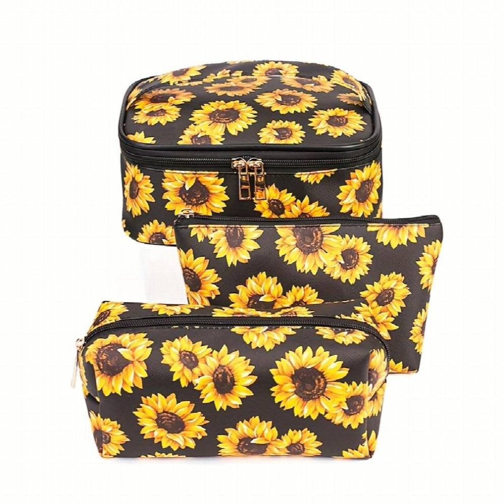Black 3Pcs Makeup Bag Sunflower Pattern Travel Toiletry Bag Portable Cosmetic Pouch Organizer Golden Zipper Waterproof Storage Case For Women And Girls