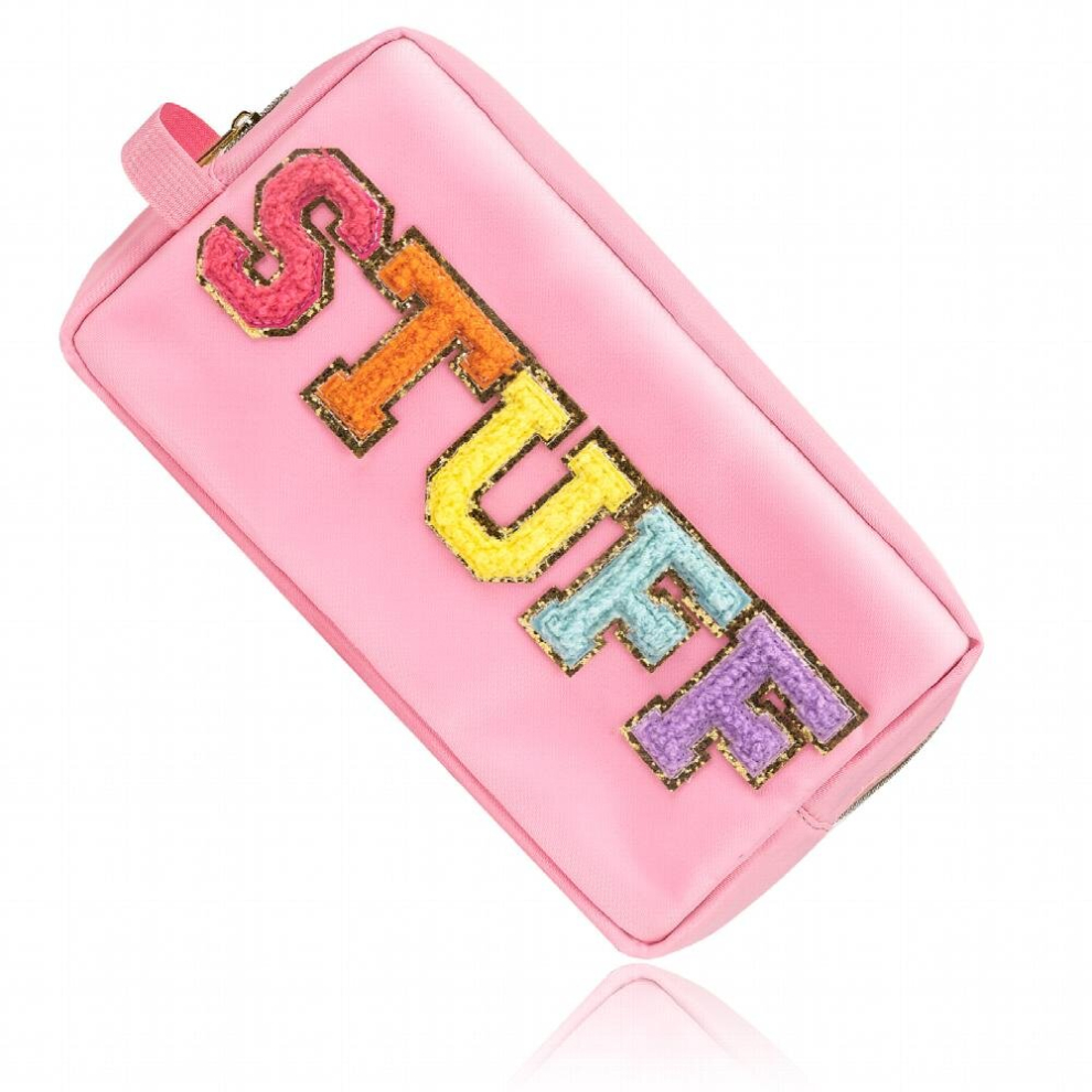 Preppy Makeup Bag With Strap Nylon Waterproof Travel Toiletry Bag For Women Girl Preppy Stuff Chenille Letter Patch Cosmetic Pouch With Zipper Pink St