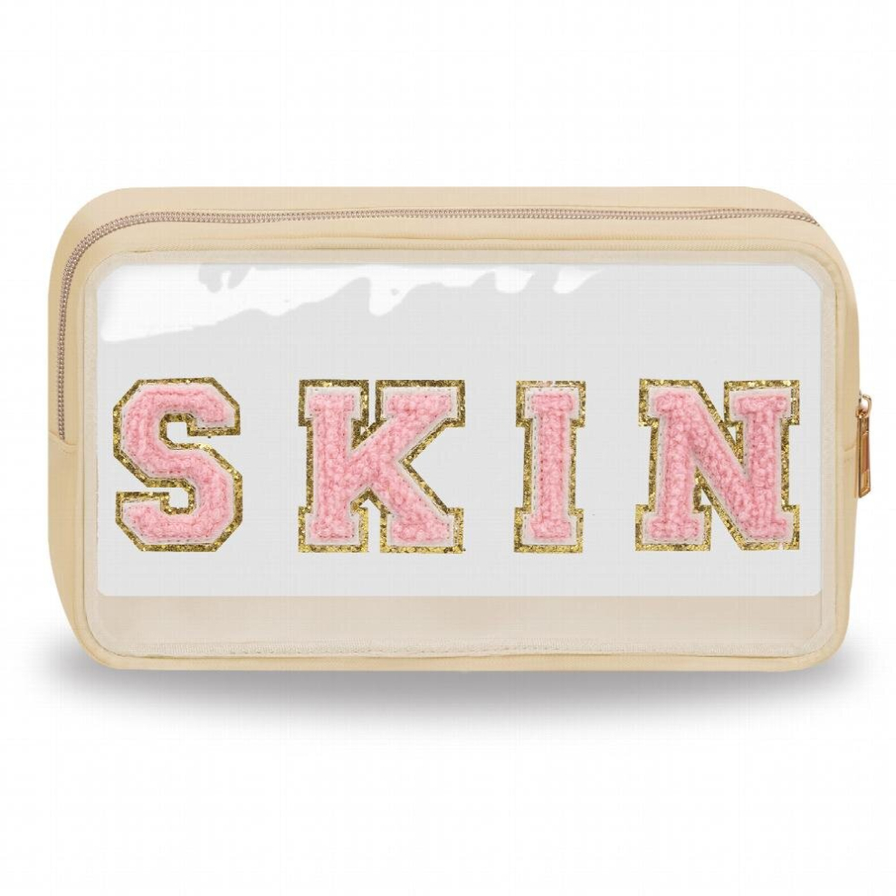 Multicoloured Chenille Letter Clear Makeup Bags Skin Pouch Preppy Patch Makeup Bag With Zipper Transparent Pvc & Nylon Waterproof Portable Glitter Cosmetic Bag Trav
