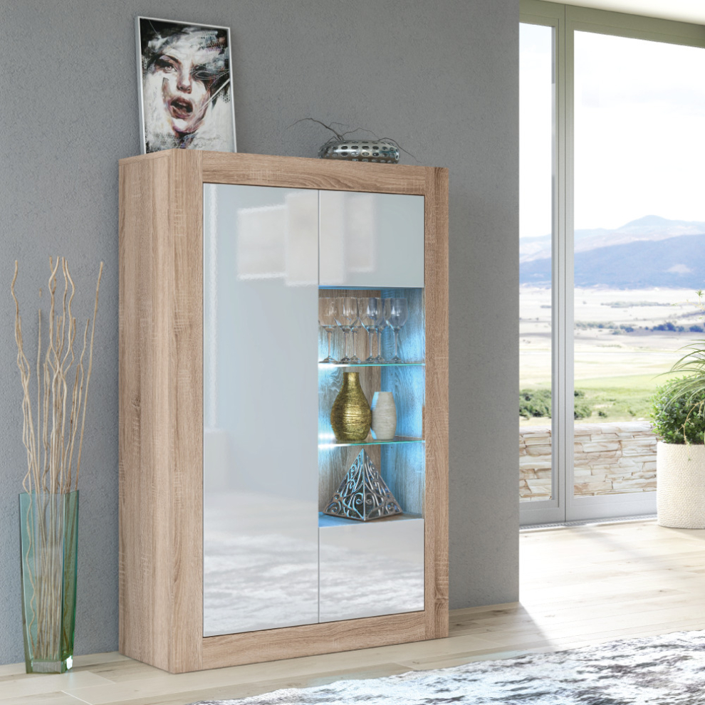 Arcadia 140cm Display Cabinet LED - Oak & White Gloss Doors
