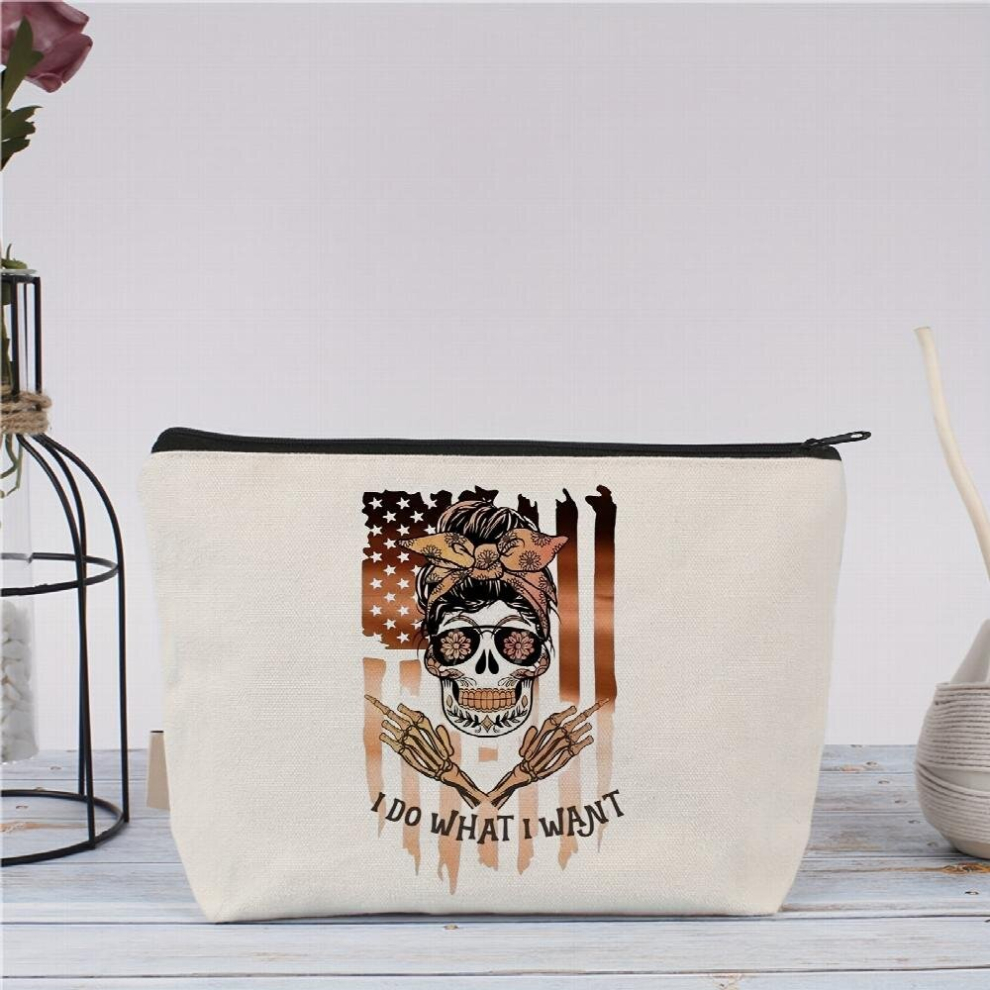 White Halloween Makeup Bag Skull & Flag Pattern Travel Pouch Toiletry Bag Halloween Cosmetic Bag Canvas Zipper Makeup Bag Halloween Zipper Pouch