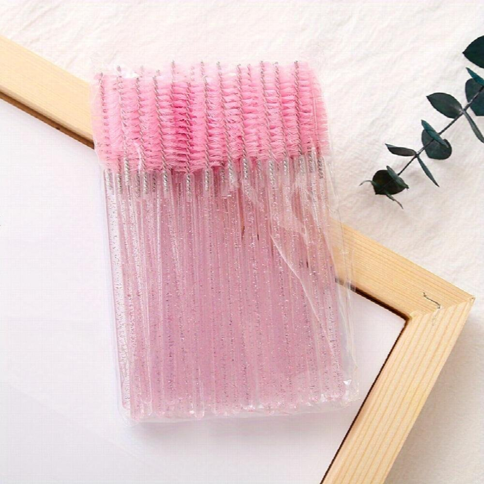 Pink 50Pcs Mascara Brushes Wands Crystal Eyelash Brush Spoolie Brushes For Eyelash Extensions And Mascara Use