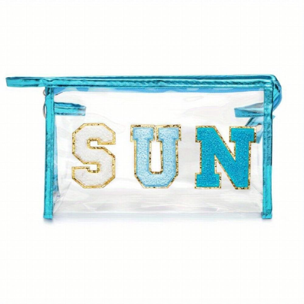 Multicoloured Preppy Transparent Patch Sun Varsity Letter Cosmetic Toiletry Bag Pvc Zipper Makeup Bag Portable Waterproof Travel Organizer Compliant Bag For Women G