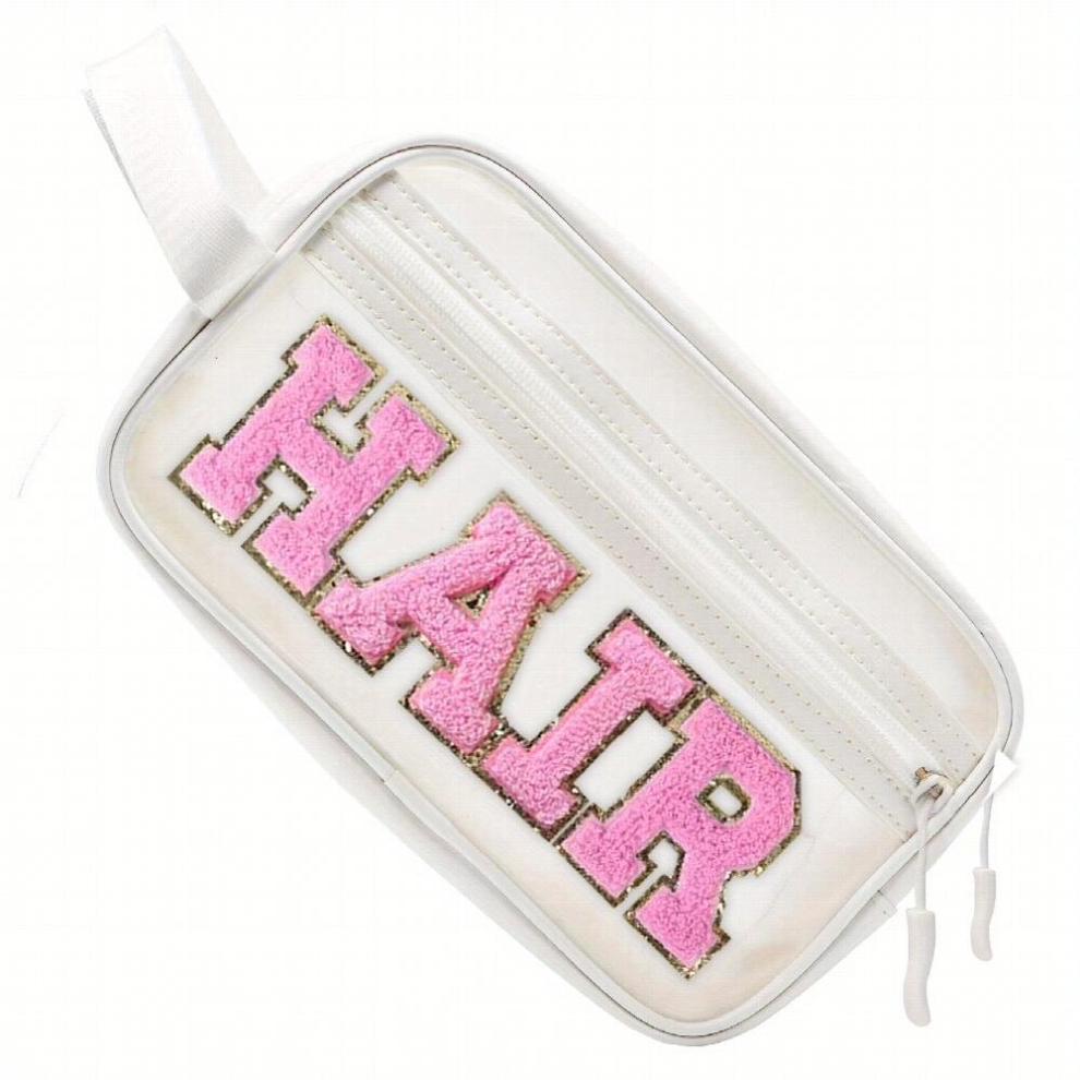 1pc Transparent Preppy Patch Makeup Bag Cosmetic Pouch for Travel and Beach Chenille Letter Patch Perfect Gift for Women Girls and Teens