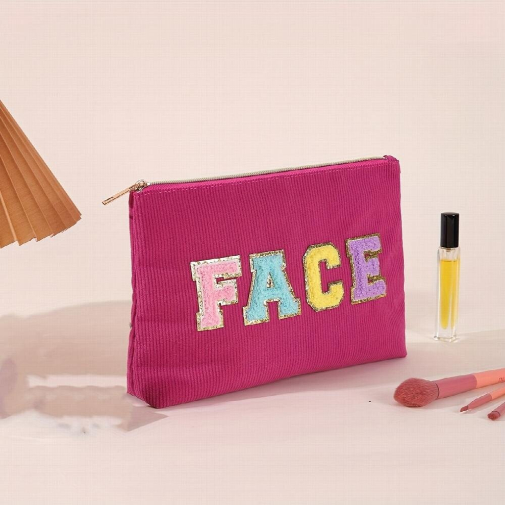 Colorful Embroidered Chenille Letter Patches Makeup Toiletry Pouch Corduroy Letter Cosmetic Bag For Women Girls Gift 1pc