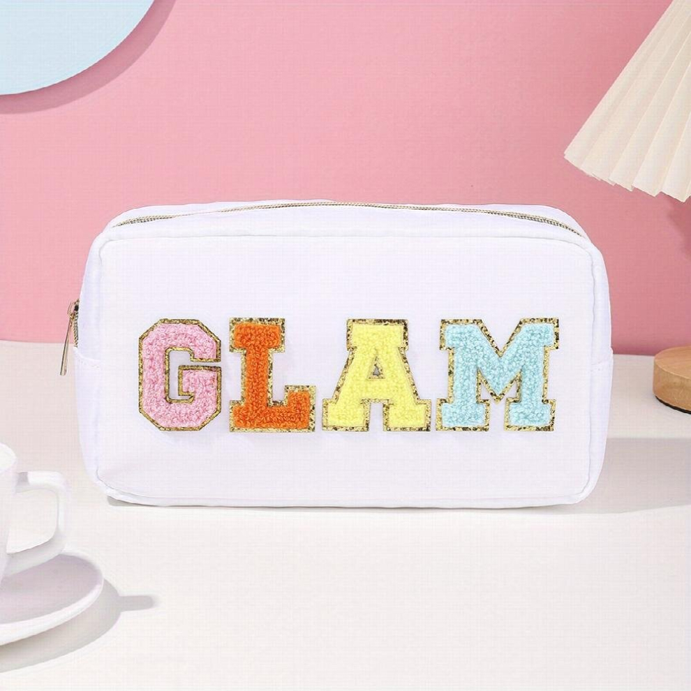Preppy Patch Makeup Bag Embroidered Letter Decor Travel Toiletry Bags For Teen Girls Portable Waterproof Travel Toiletry Organizer Clutch Stuff For Wo