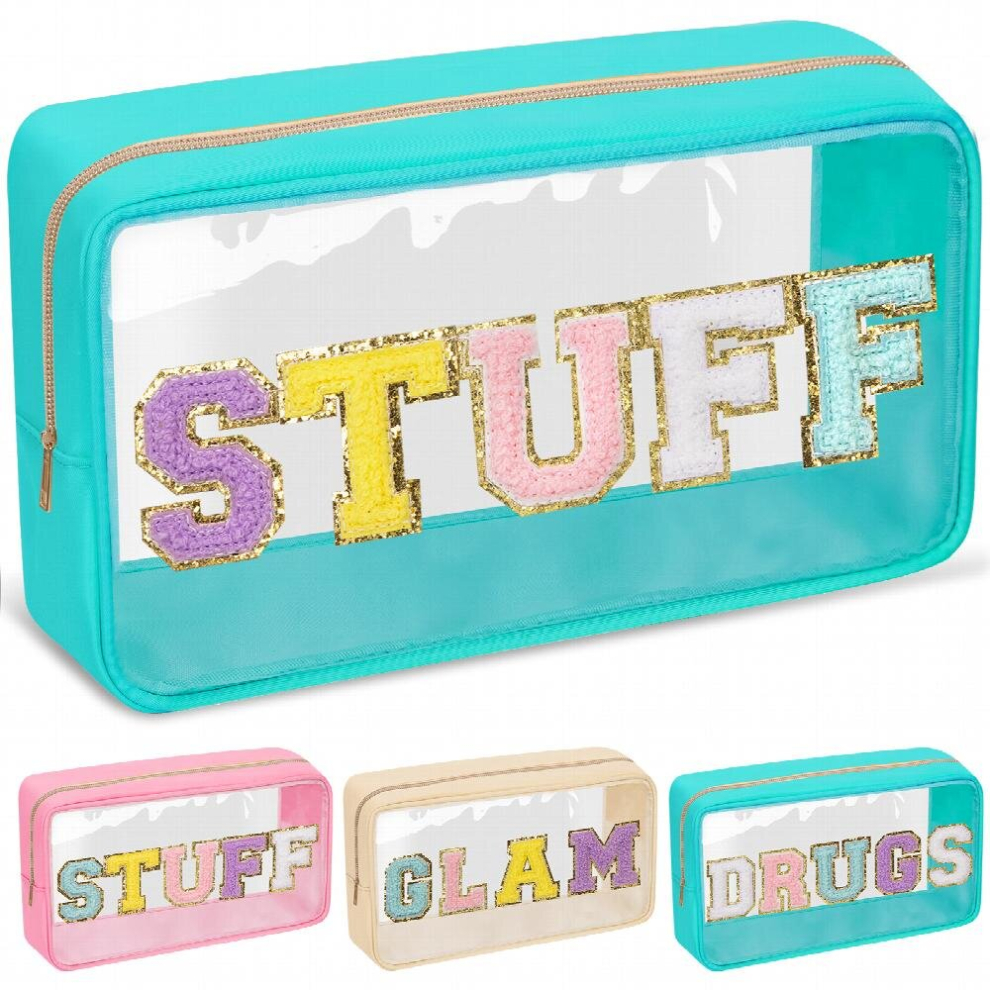 Chenille Letter Clear Makeup Bags Stuff Pouch Preppy Patch Makeup Bag With Zipper Transparent PVC & Nylon Waterproof Portable Glitter Cosmetic Bag Tra