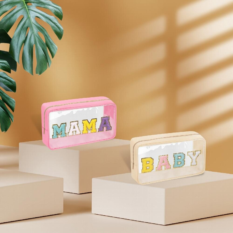 Multicoloured 2 Pcs Preppy Clear Makeup Bags Chenille Letter Patch Pouch With Zipper Waterproof Cosmetic Toiletry Bag Transparent Mama Bags For Women Girls Gift Bat