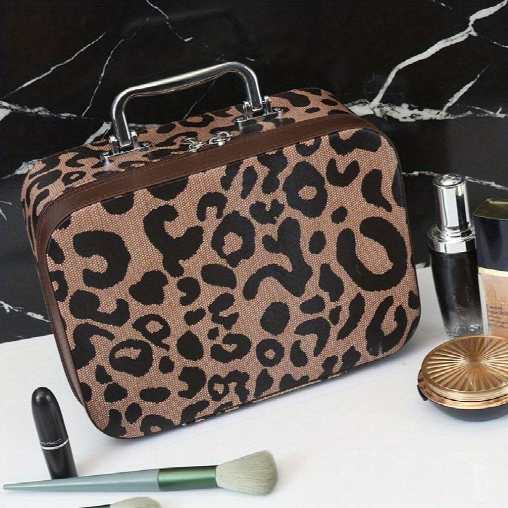 Multicoloured Portable Leopard Pattern Travel Makeup Train Case With Handle Organize Cosmetics Brushes Toiletries Jewelry And Digital Accessories