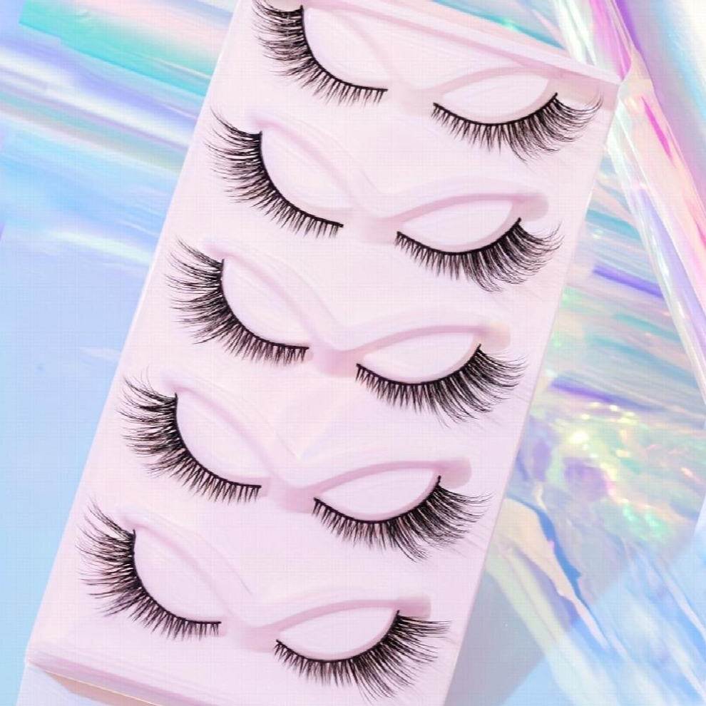 5 Pairs Full False Lashes Cat Eye Look 5D Stereoscopic Eyelashes 16mm Tail Elongated Eyelashes Fluffy Cross Strip False Lashes