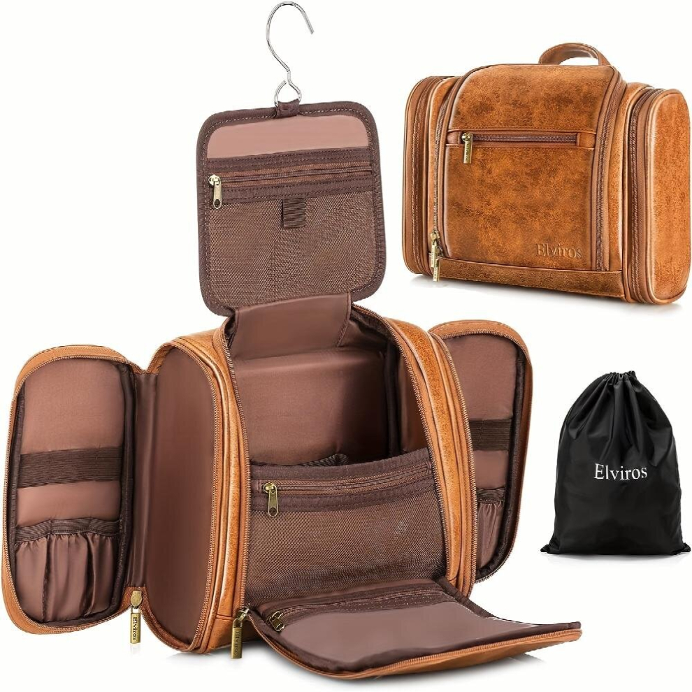 Travel Toiletry Bag Multifunctional Hanging Makeup Bag PU Leather Waterproof Storage Bag 1Pc Brown