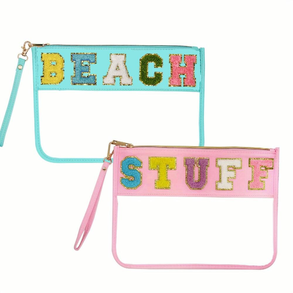 Multicoloured 2Pcs Chenille Letter Clear Makeup Pouch Pvc Waterproof Travel Makeup Cosmetic Bag Purpose Flat Toiletry Bag With Zipper For Women And Girls