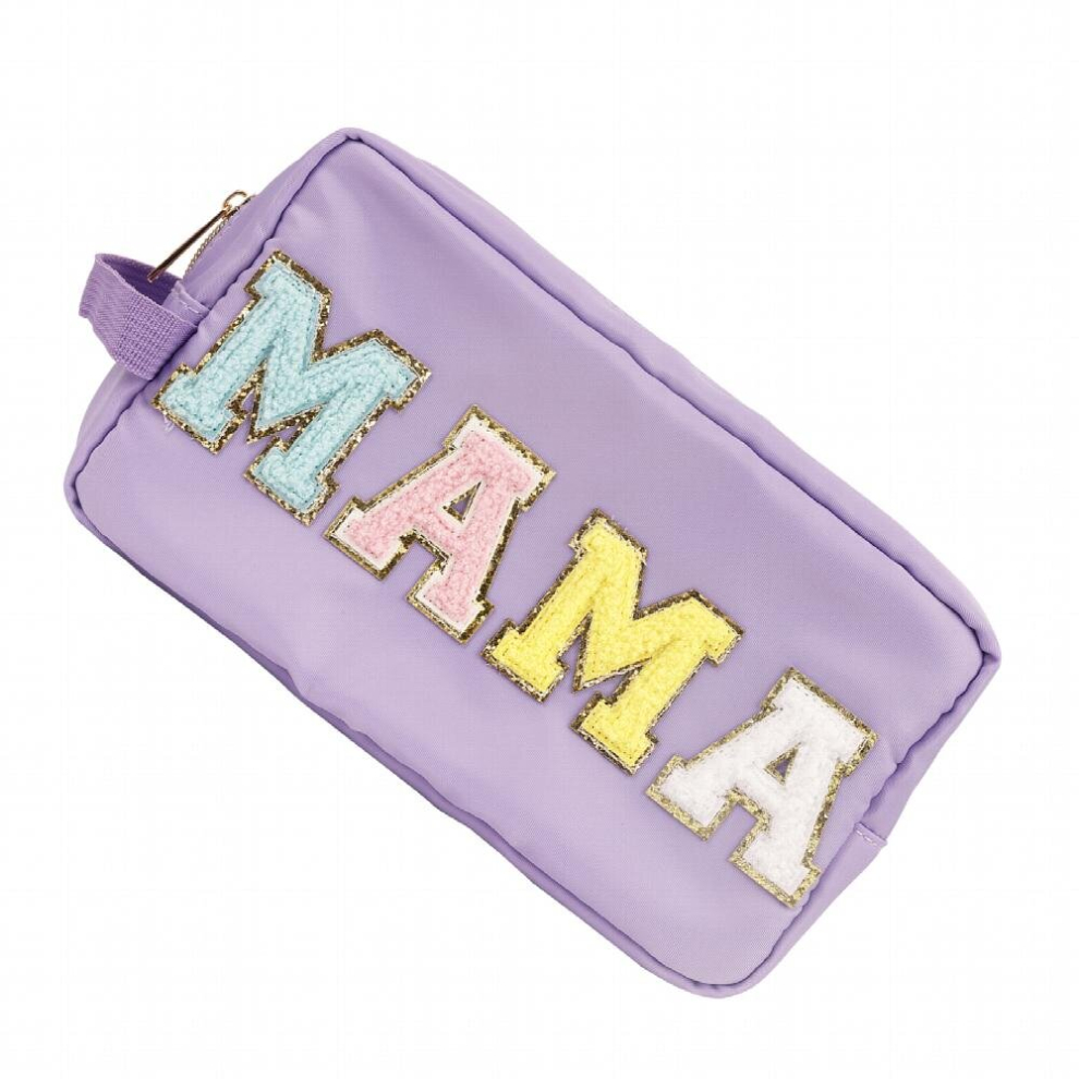 Multicoloured Preppy Makeup Bag With Strap Nylon Waterproof Travel Toiletry Bag For Women Girl Preppy Stuff Chenille Letter Patch Cosmetic Pouch With Zipper Purple