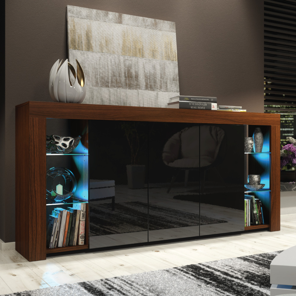 Sideboard 164cm LED Creative Furniture - Walnut & Black Gloss Doors