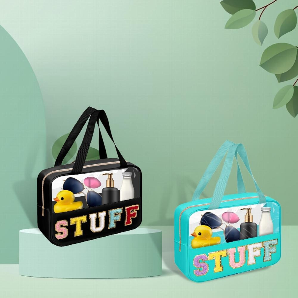 Multicoloured 2Pcs Preppy Makeup Bag With Chenille Letter Patches Stuff Chenille Letter Bag Large Travel Cosmetic Bag With Handle Nylon Pvc Clear Travel Toiletry Ba