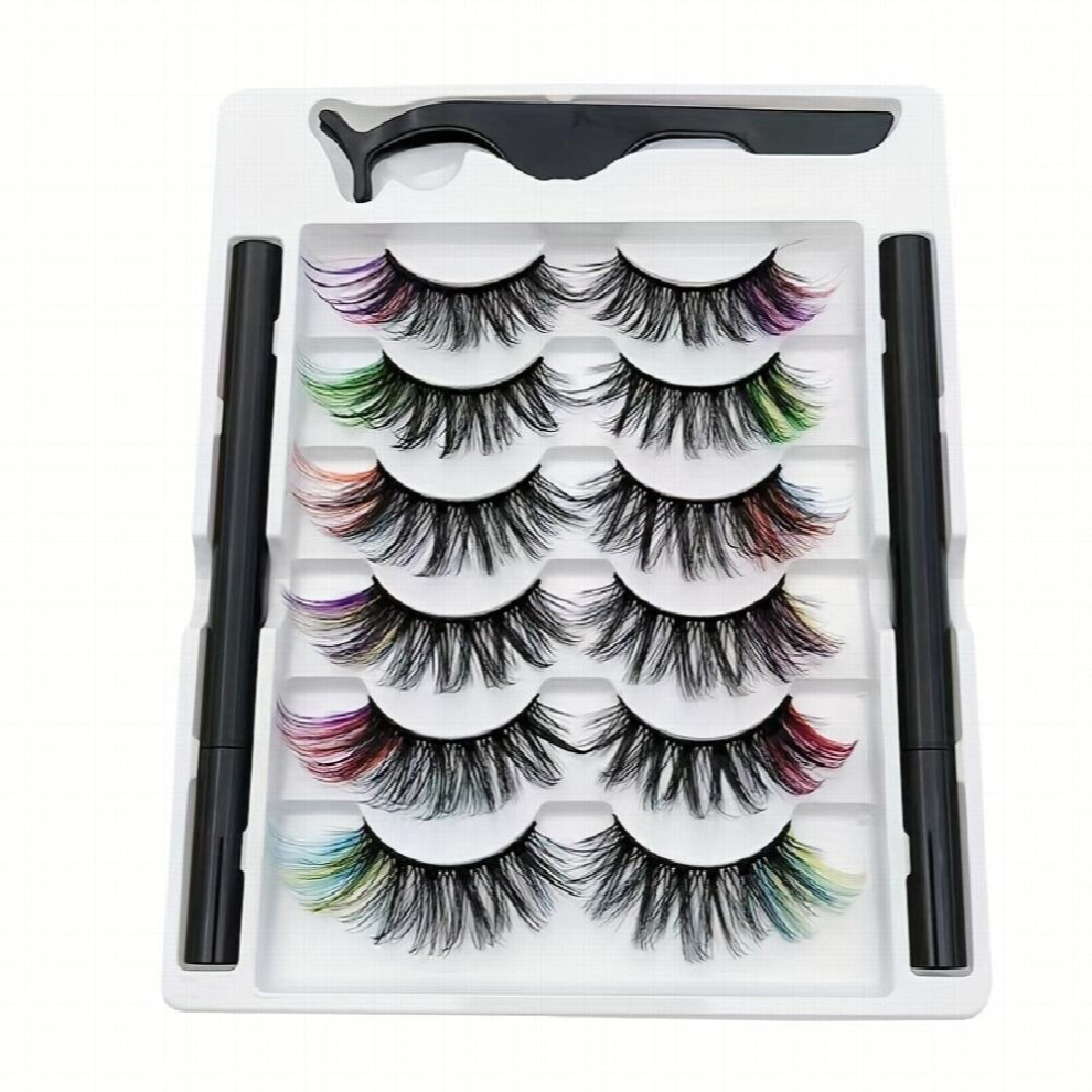 6 Pairs Colored Messy Magnetic False Eyelashes & Eyeliner Kit 8D Fluffy Curly Mink Lash Sticky Eyeliner Pen Not Easy To Smudge And Leakproof & Applica