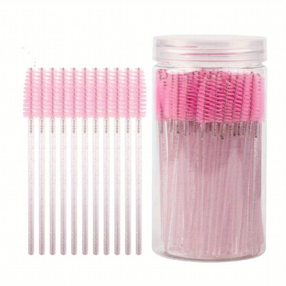 Pink 100Pcs Eyelash Brushes With Container Mascara Wands Eyebrow Brush And Eyelash Comb For Eyelash Extensions And Makeup Application