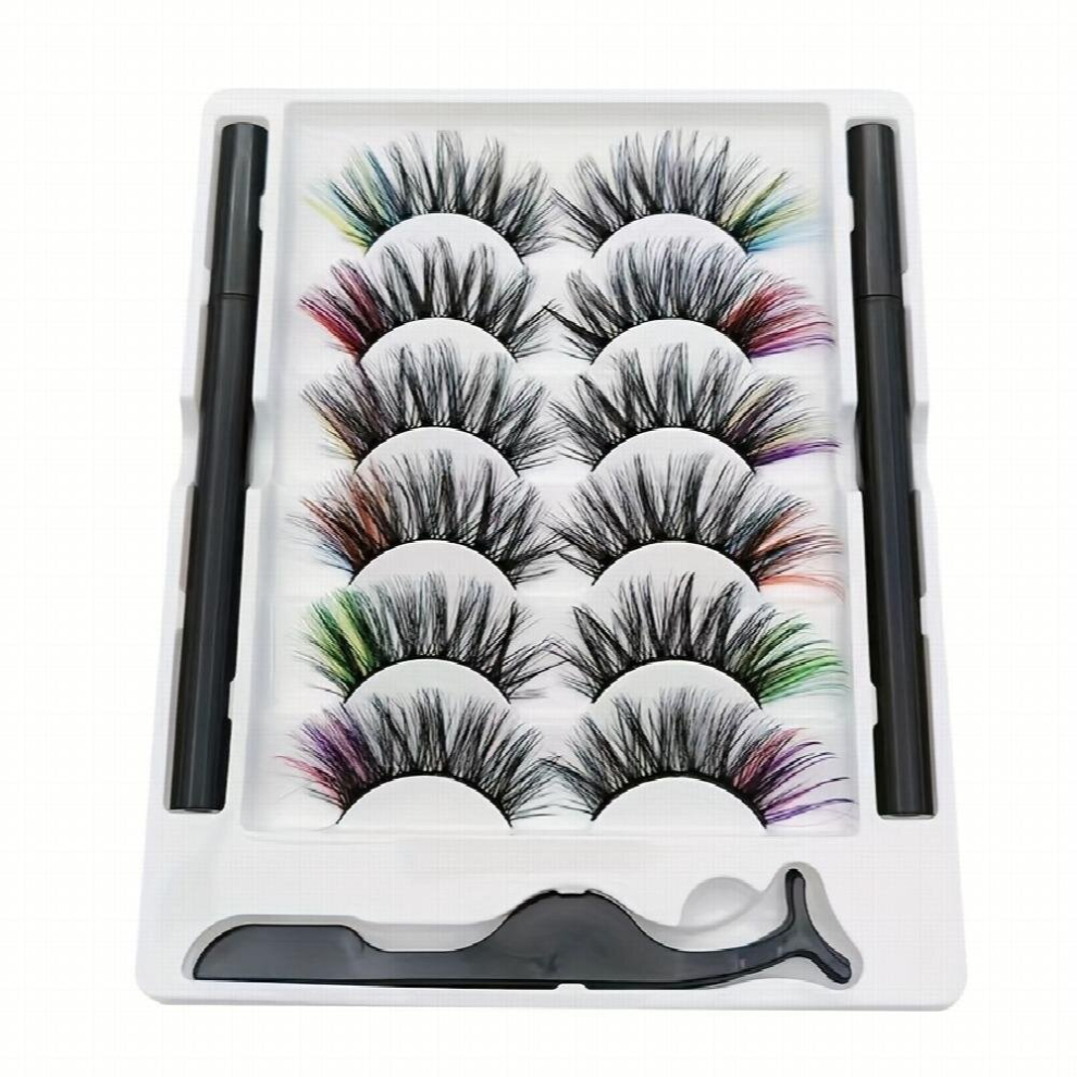 6 Pairs Colored Messy Magnetic False Eyelashes & Eyeliner Kit 8D Fluffy Curly Mink Lashes Sticky Eyeliner Smudge Proof & Leakproof Set Suitable For Ma