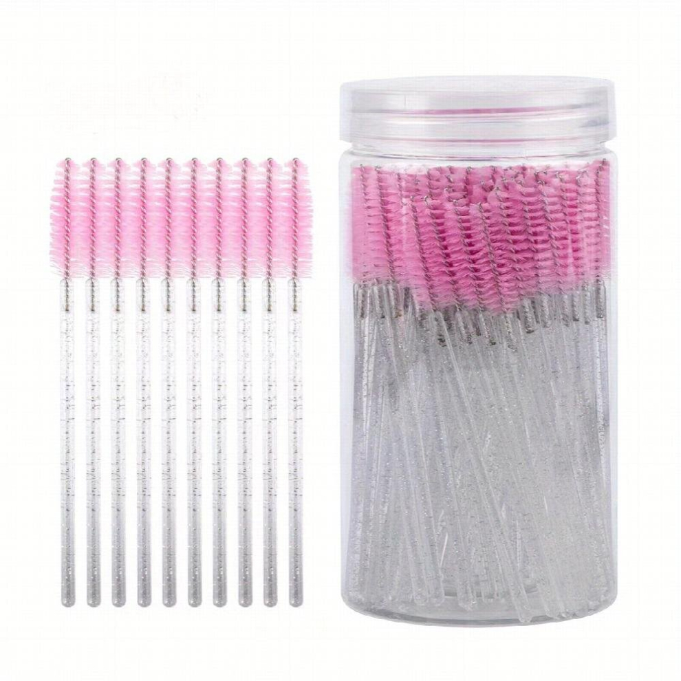 Pink 100Pcs Eyelash Brushes With Spiral Crystal Mascara Wands With Box Portable Makeup Applicator Kit For Eyelash Extensions And Eyebrow Brush