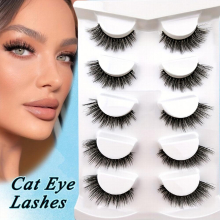 5 Pairs Full False Lashes 16mm Cat Eye Wispy Faux Mink Lashes Fluffy Short Natural Look Eye End Elongated Strip False Eyelashes
