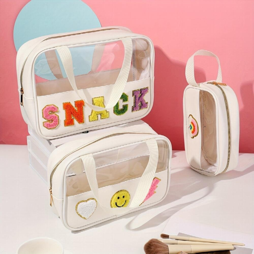 3pcs Waterproof Chenille Letter Patch Makeup Bag Stylish Cosmetic Bag for Women Perfect for Toiletry Storage and Travel Gift