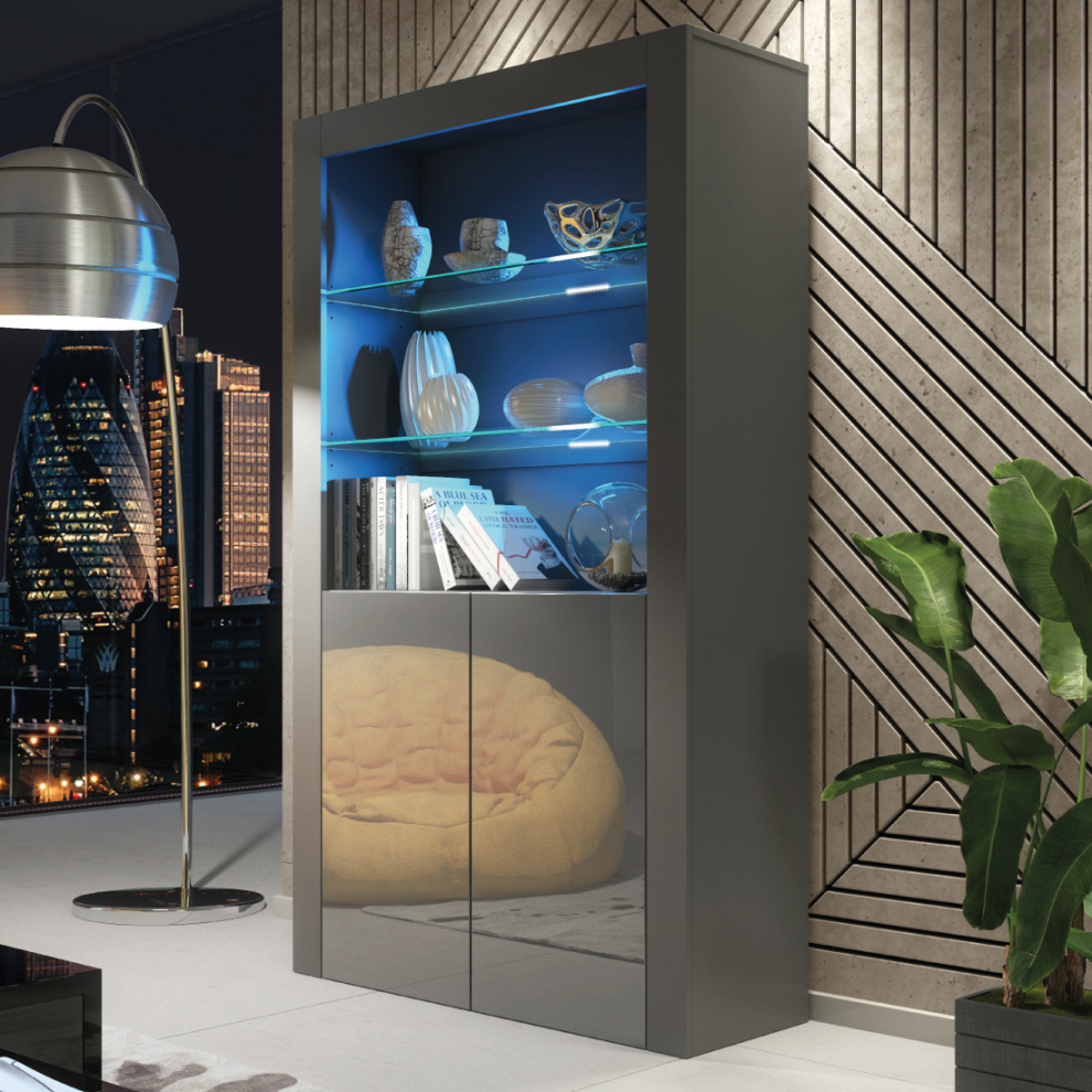 Creative Furniture Grey Spectrum Display Cabinet Led - Dark Gloss Doors 170Cm