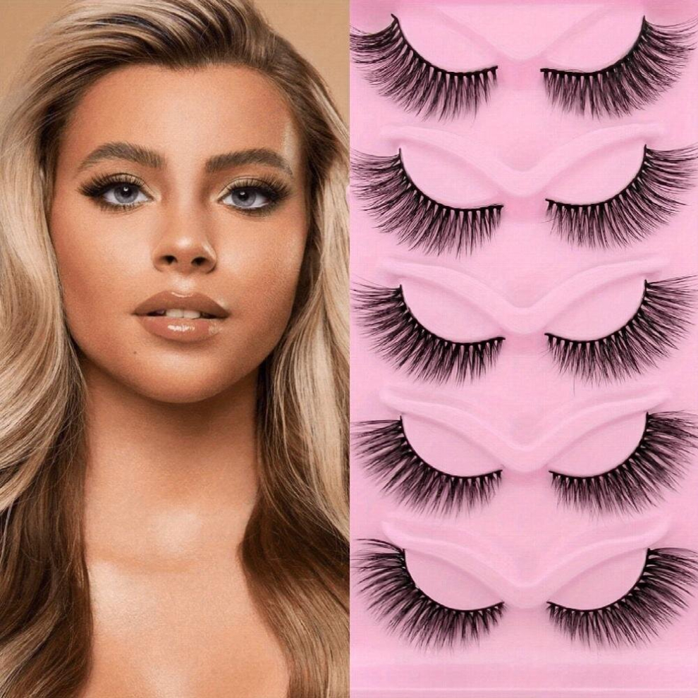 5 Pairs Cat Eye Lashes Fluffy Cluster Faux Mink False Eyelashes Natural Curling Slender Lashes