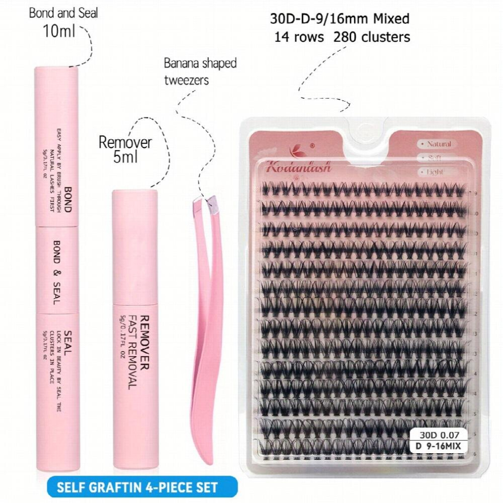 DIY Lash Extension Kit Cluster False Eyelashes 280 Pcs With Strong Holding Lash Bond And Seal And Cluster Eyelashes Applicator Tool Eyelash Extensions