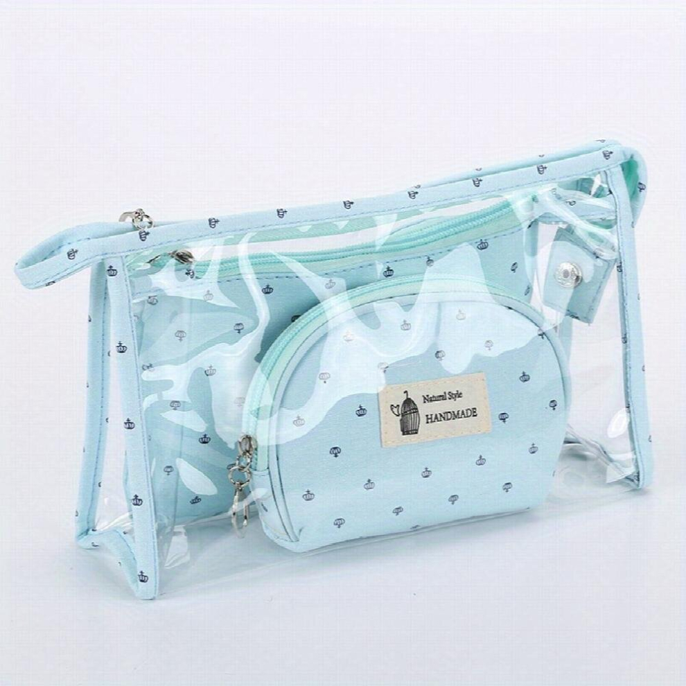 Blue 3Pcs Transparent Cosmetic Bag Pvc Waterproof Makeup Bag Organizer Lightweight Portable Travel Storage Bag