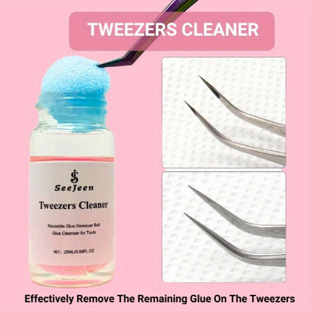 SeeJeen Eyelash Extension Tweezers and Cleaning Tool Set Includes Liquid Remover Sponge Ball and Eyelash Curler Perfect for Lash Extension Application