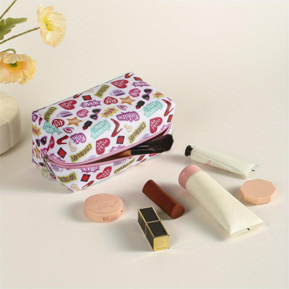Heart Sunglasses Lipstick Slogan Pattern Makeup Bag PU Zipper Roomy Square Makeup Pouch Creative Travel Organizer Gift For Girls And Women