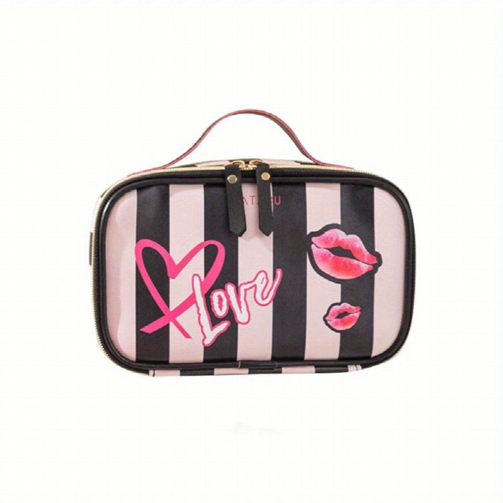Heart Stripe Pattern Cosmetic Bag PU Waterproof Storage Bag With Handle Travel Portable Large Capacity Makeup Organizer With Makeup Brush Holder