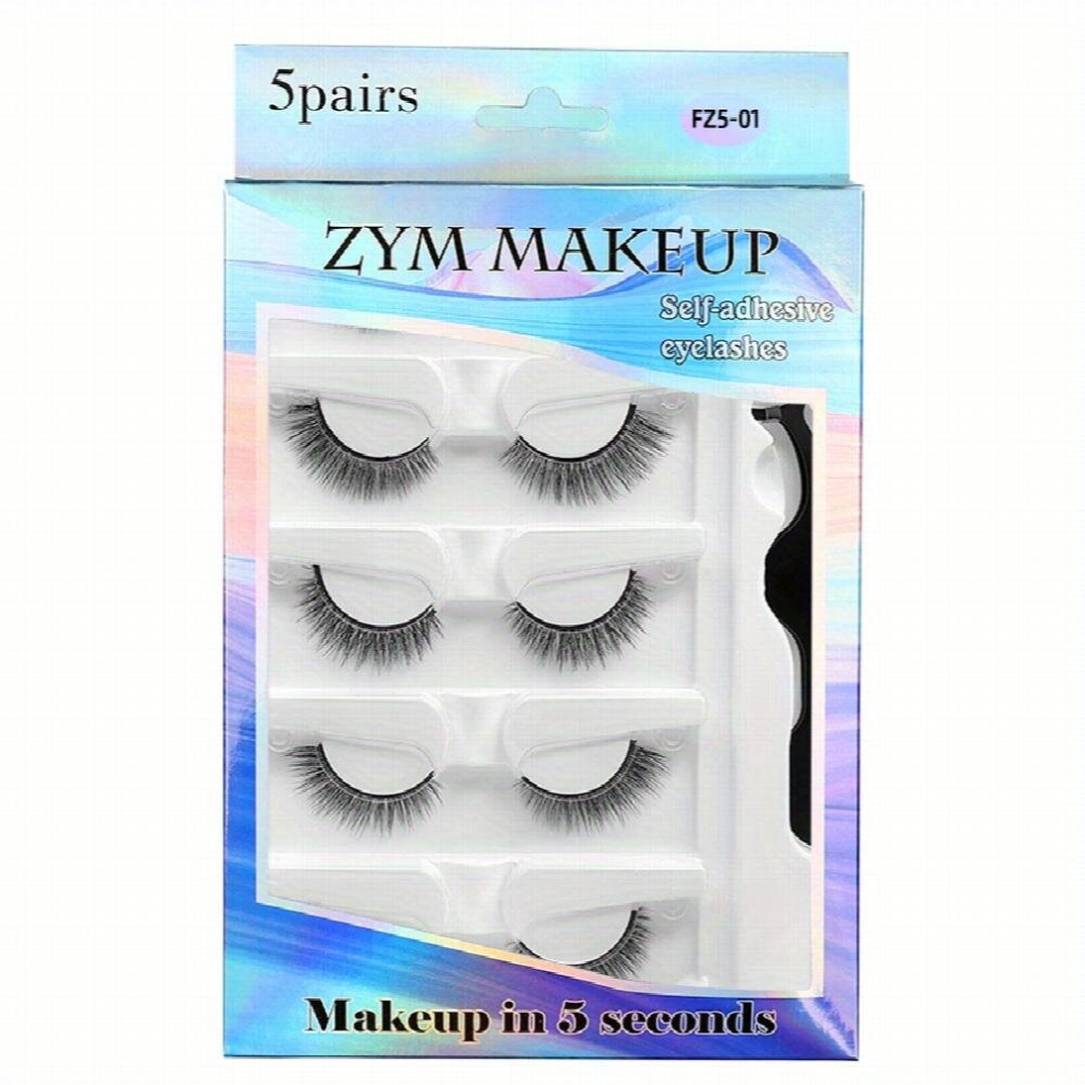 Multicoloured 5 Pairs Faux Mink Eyelashes Self Adhesive Eyelashes Set With Tweezers Reusable Lashes Party Makeup