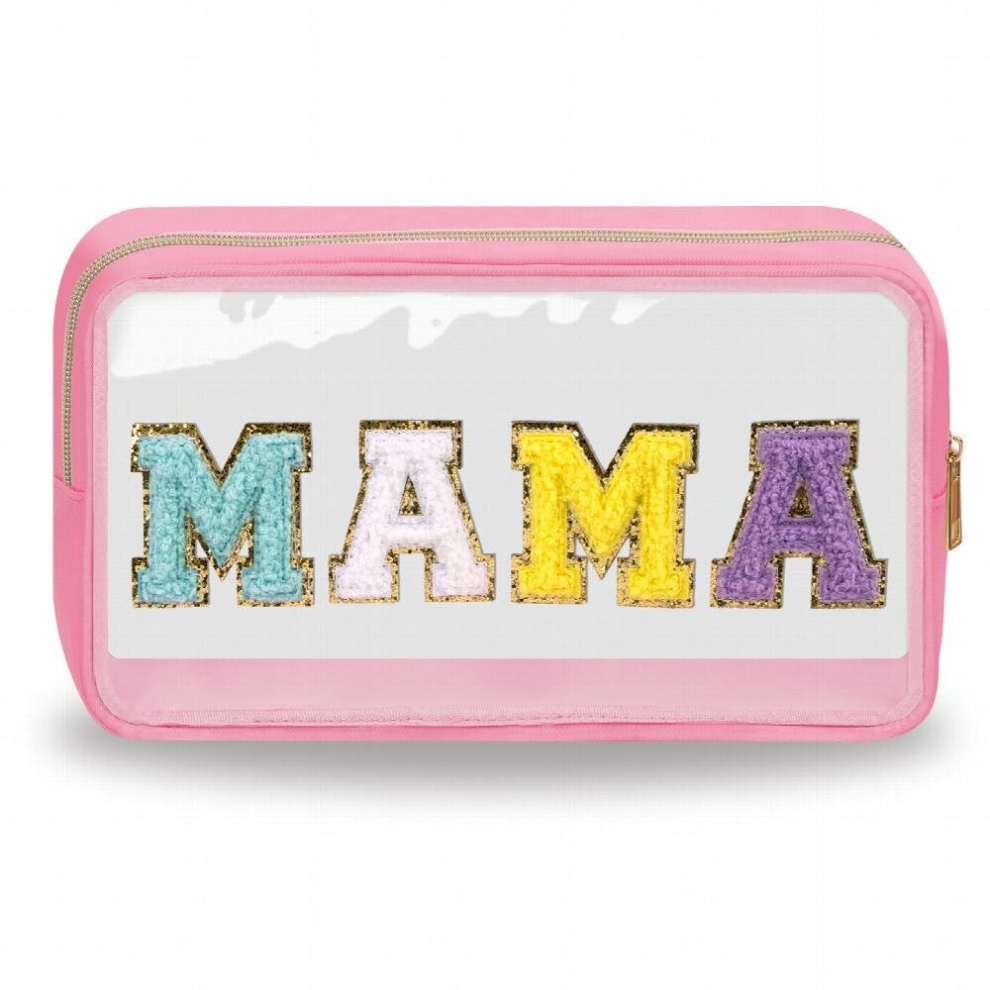 Chenille Letter Clear Makeup Bags Mama Pouch Preppy Patch Makeup Bag With Zipper Transparent PVC & Nylon Waterproof Portable Glitter Cosmetic Bag Trav
