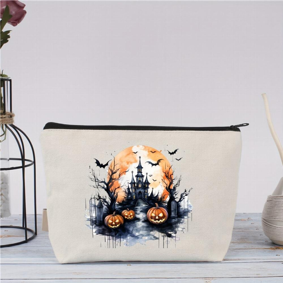 White Halloween Makeup Bags Travel Pouches Toiletry Bags Halloween Cosmetic Bags Canvas Zipper Makeup Bags Halloween Zipper Pouch
