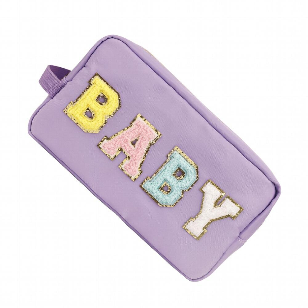 Multicoloured Preppy Makeup Bag With Strap Nylon Waterproof Travel Toiletry Bag Preppy Stuff Chenille Letter Patch Cosmetic Pouch With Zipper