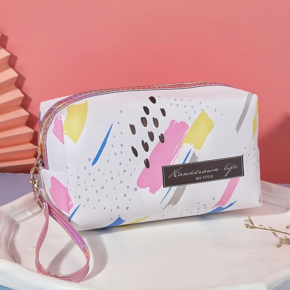 White Print Toiletry Bag Outdoor Travel Cosmetic Organizer Portable Carry On Waterproof Makeup Bag With Wristlet For Women