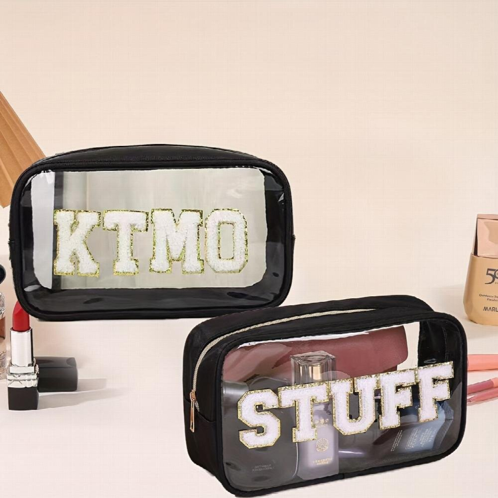 2pcs Chenille Letter Clear Makeup Bags Preppy PVC Makeup Cosmetic Bag Large Toiletry Storage Bag Transparent Waterproof Organizer Zipper Pouch For Tra