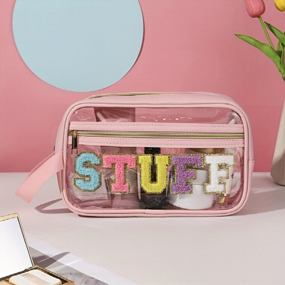 Multicoloured Chenille Letter Clear Makeup Bags Drugs Pouch Preppy Patch Makeup Bag With Zipper Transparent Pvc & Nylon Waterproof Portable Glitter Cosmetic Bag Tra