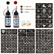 4 Sheets A4 Hollow Tattoo Stencils 1 Bottle Red 1 Bottle Tattoo Dye Butterfly Flower Word Animal Small Pattern Semi permanent Men And Women Can Use Fi