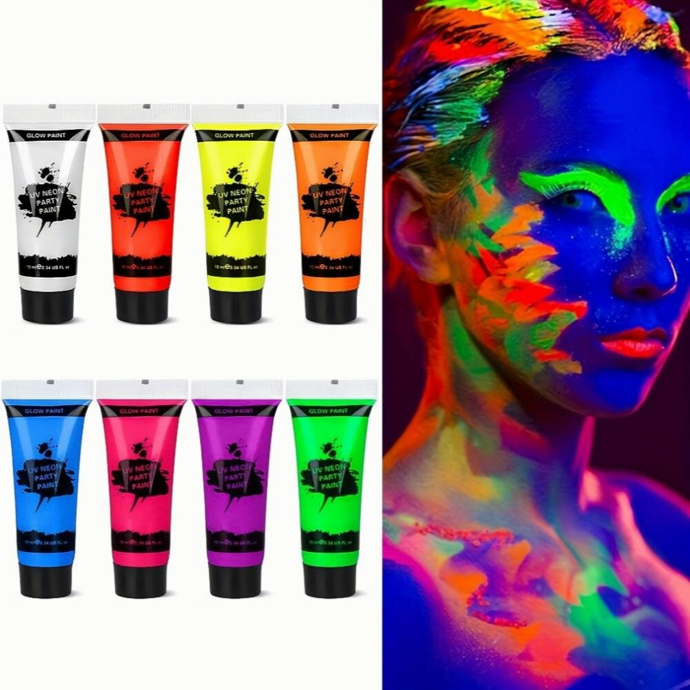 Multicoloured 8 Pcs Glow In The Dark Body And Face Paint Blacklight Neon Body Paint Washable Quicker Dry Fluorescent Face & Body Makeup For Party Supplies Halloween