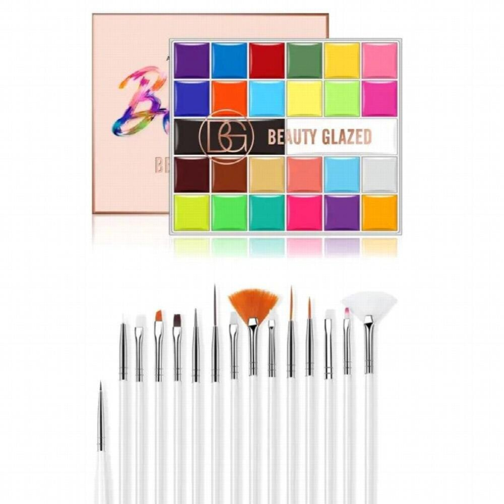 Multicoloured 26 Colors Face Paint Palette With 15 Pcs Brush Set Body Art Paint Eyeshadow Palette Halloween Makeup Long Lasting Waterproof Matte Stage Makeup Eyesha