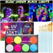 CC Beauty UV Glow Face Body Paint Palette 8 Neon Glow In Lights Face Paint Kit Water Activated Eyeliner Safe Washable Adult Halloween Makeup Costume M