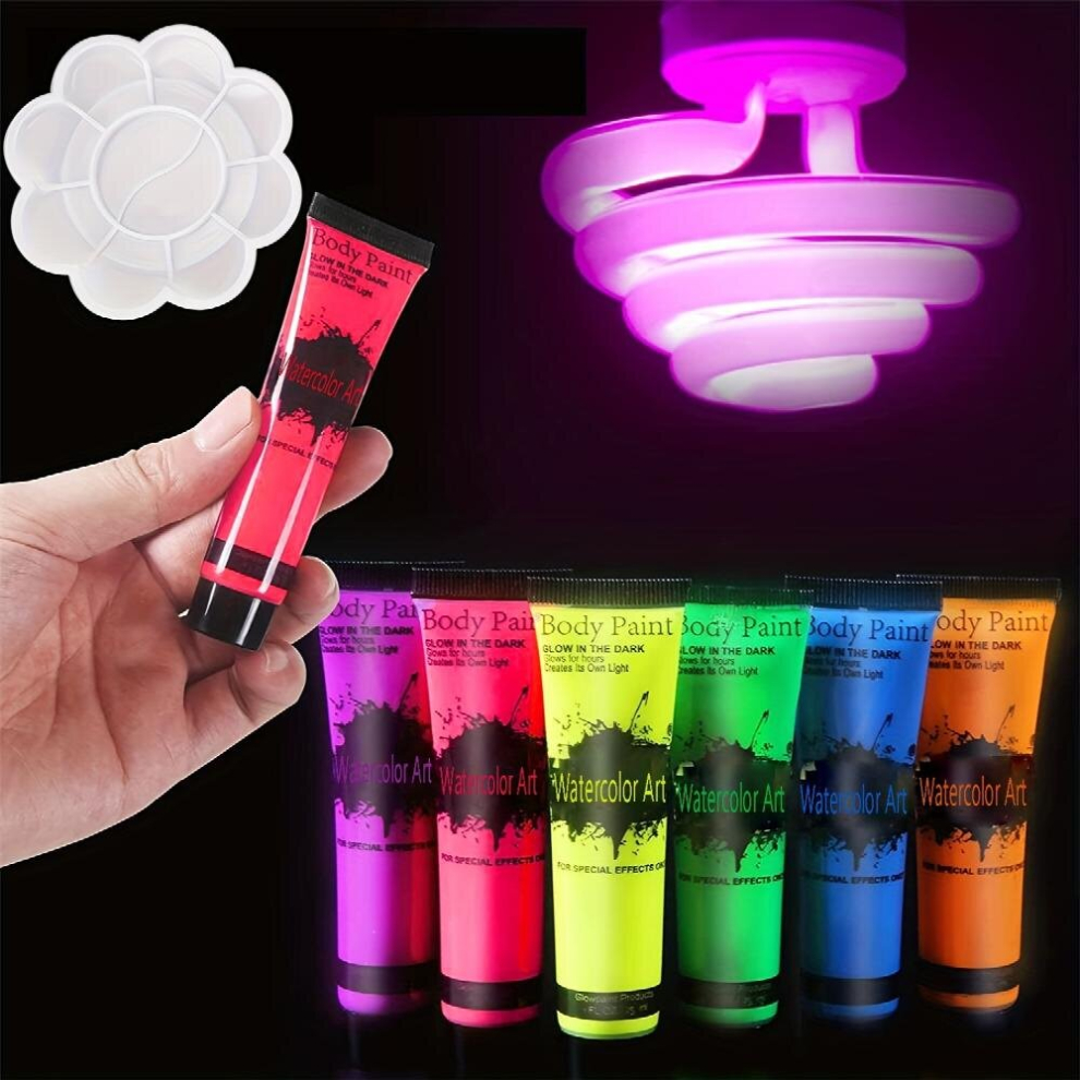 Multicoloured 10Ml 6Pcs Set Fluorescent Face Body Paint For Christmas Halloween Cosplay And A Palette Luminous Body Paint For Adults Music Party Light Neon Makeup W