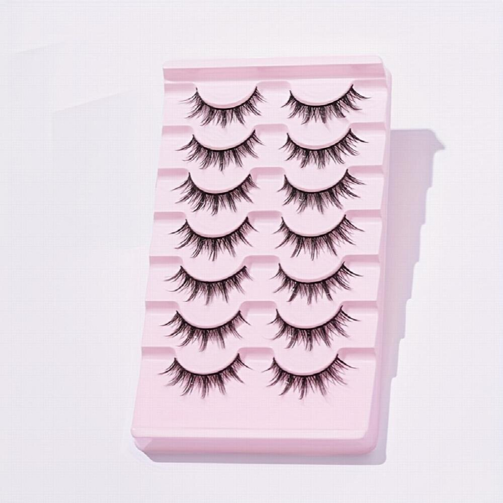 Black 7 Pairs False Eyelashes Natural Look Manga Lashes Anime Eyelashes 13Mm Curly Wispy Spiky Fluffy False Lashes With Cross
