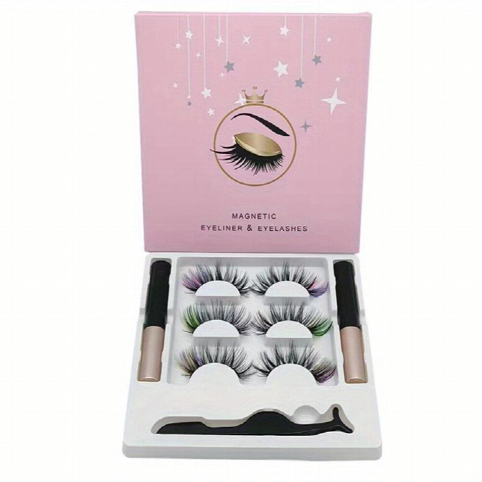 Multicoloured 3 Pairs Colored Magnetic Liquid Eyeliner Lashes Magnetic Eyelashes Curly Fluffy Eyelashes Eyeliner Magnetic False Eyelashes Tweezers Set
