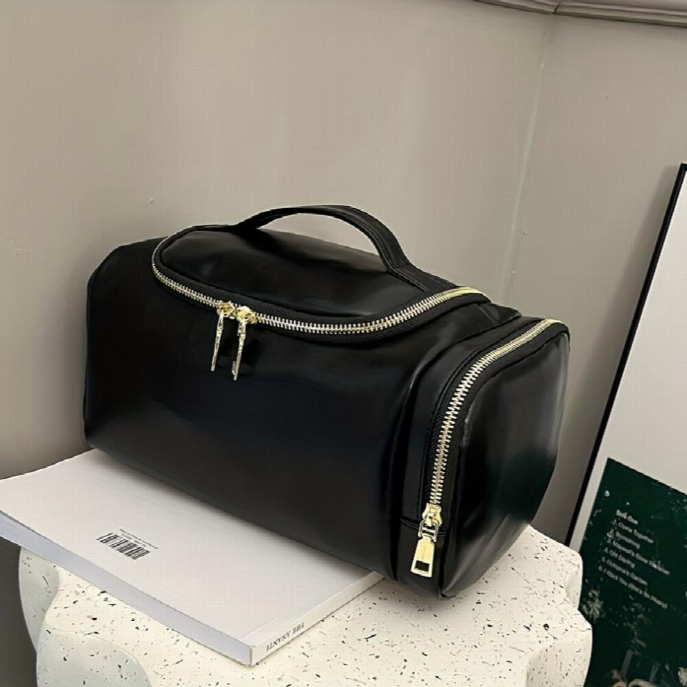 Black Makeup Bag With Handle And Side Pocket Large Capacity Waterproof Cosmetic Bag Wide Open Pouch For Women For Makeup Brushes Toiletries Travel Accessori