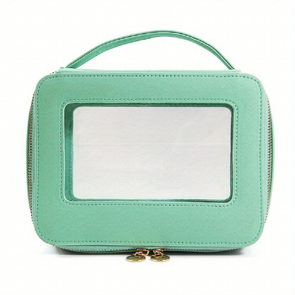 Green Portable Makeup Bag With Handle Travel Toiletries Storage Bag Large Capacity Pu Leather Waterproof Cosmetic Bag For Toiletries