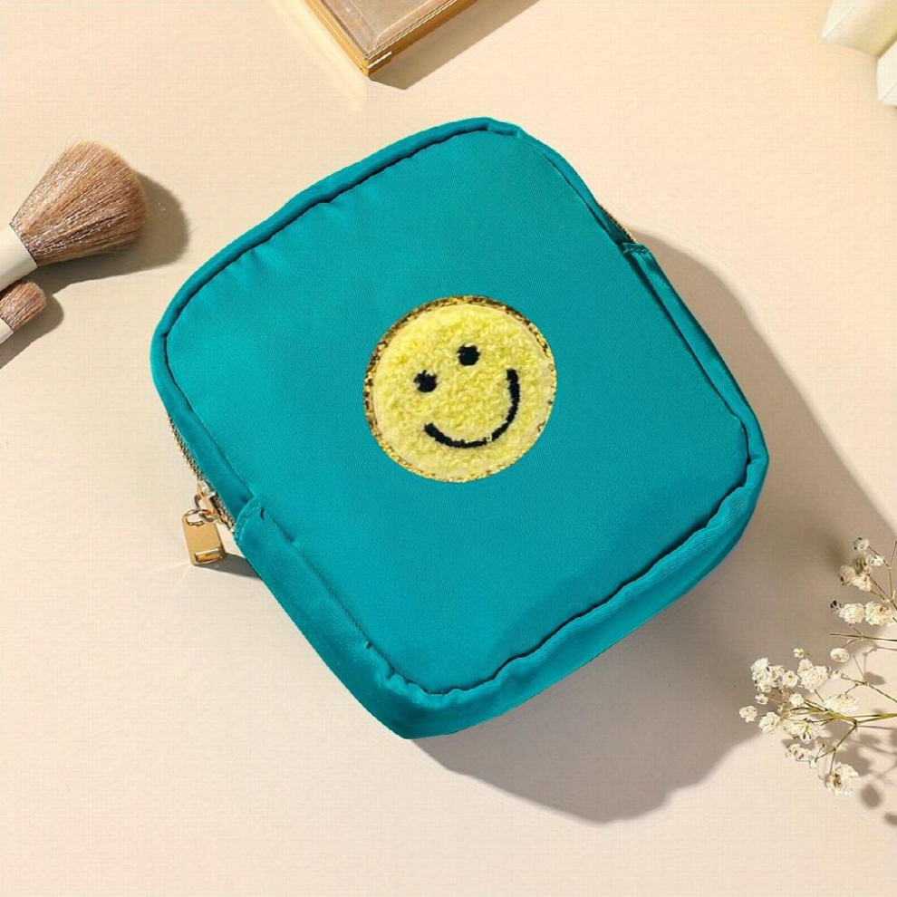 Nylon Preppy Makeup Pouch With Smile Face Patch Small Travel Makeup Pouch Bag For Women Girls Lipstick Accessories Sanitary Napkin Storage Bag Dark Gr